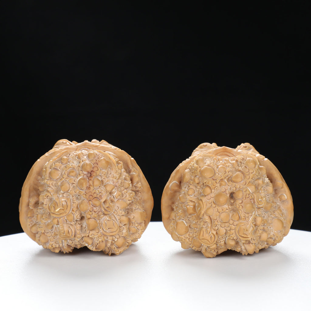 ”Toad Head” Double-Sided Carved Wealth Toad Wenwan Walnuts Pair | Size:41L*42W*32H | UPI:UR-00090
