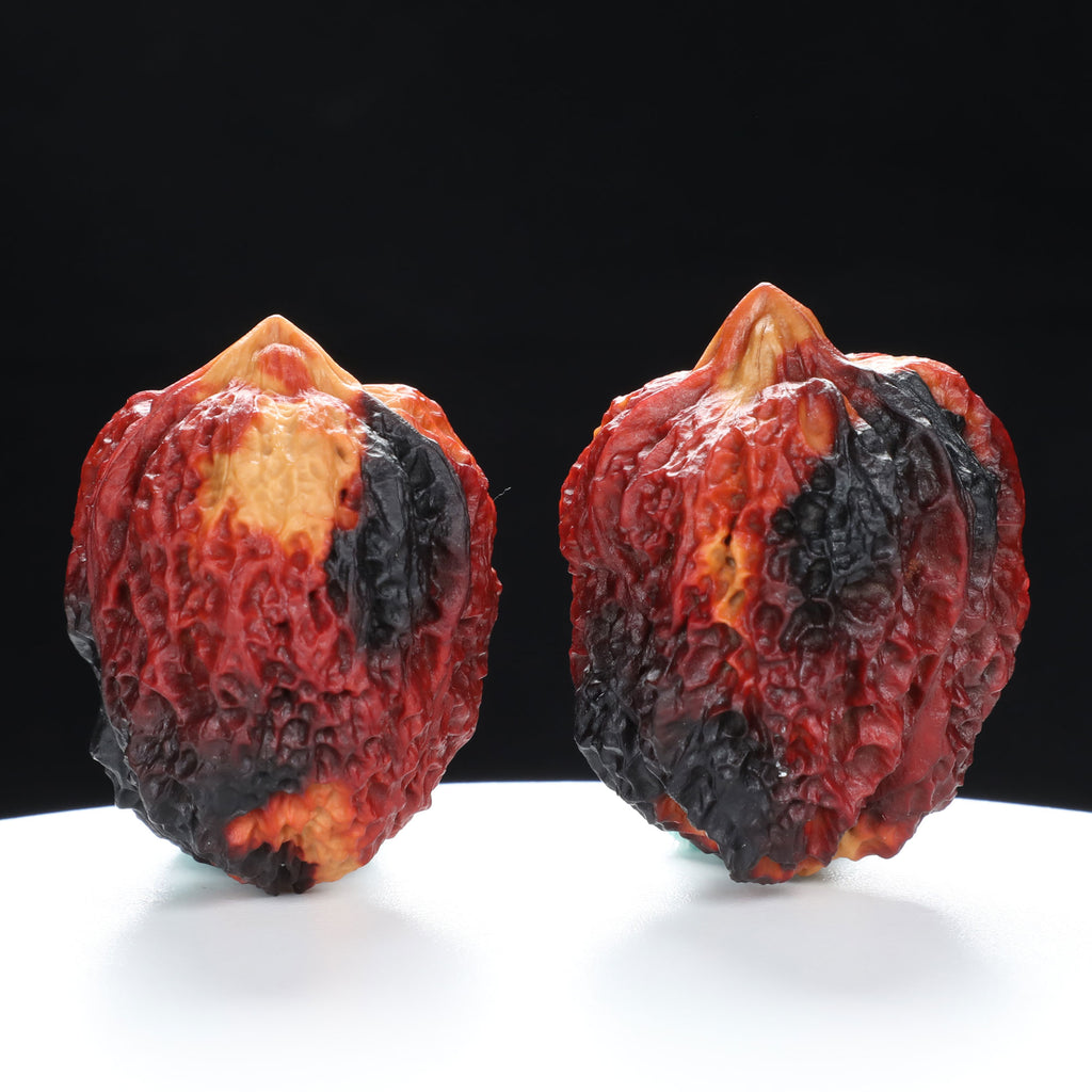 “Three-Ridged” Earth-Cured Tri-Color Coral Grain Y-Form Iron Triple-Ridge Walnuts Pair | Size:35L*35W*44H | UPI:UR-00115