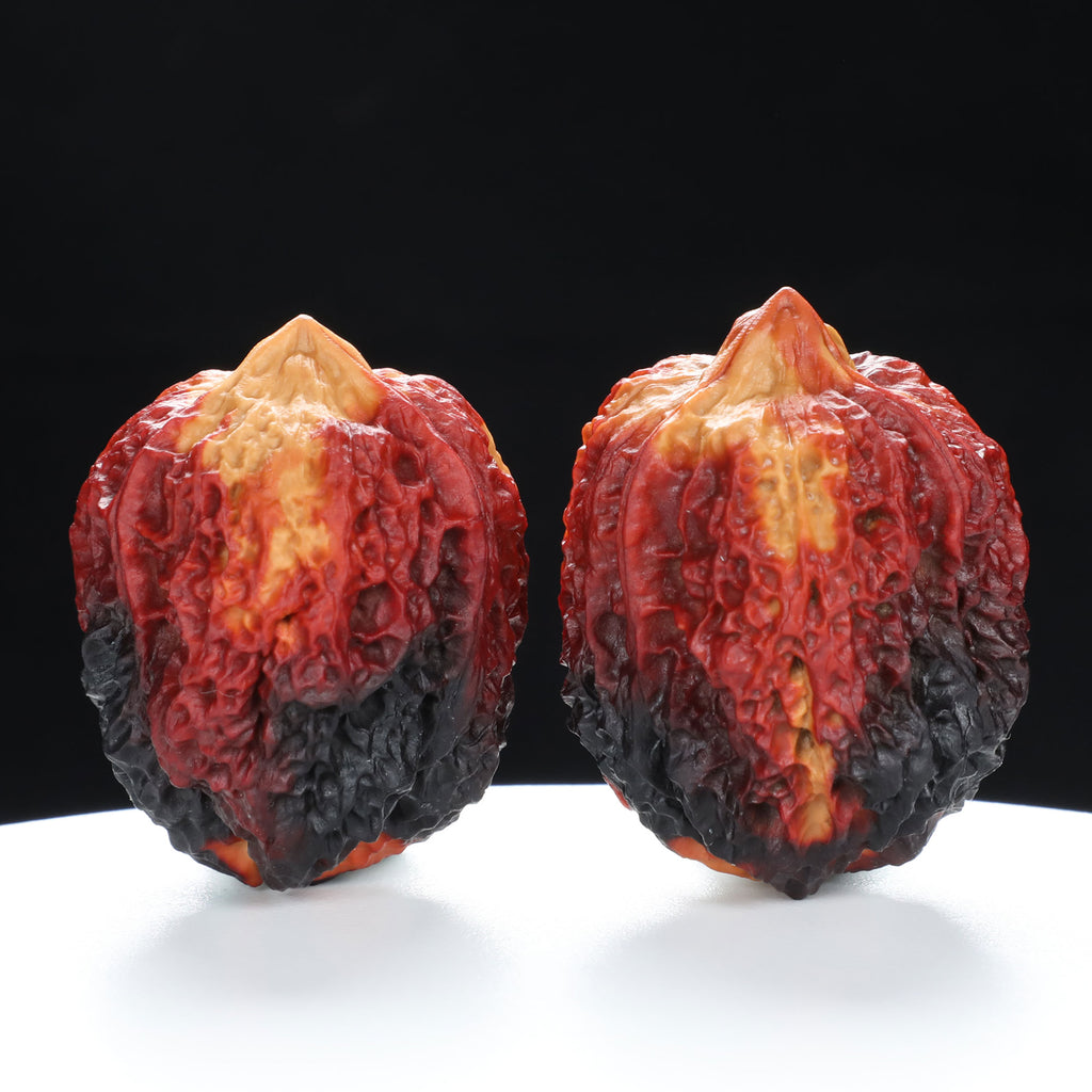“Three-Ridged” Earth-Cured Tri-Color Coral Grain Y-Form Iron Triple-Ridge Walnuts Pair | Size:35L*35W*44H | UPI:UR-00115