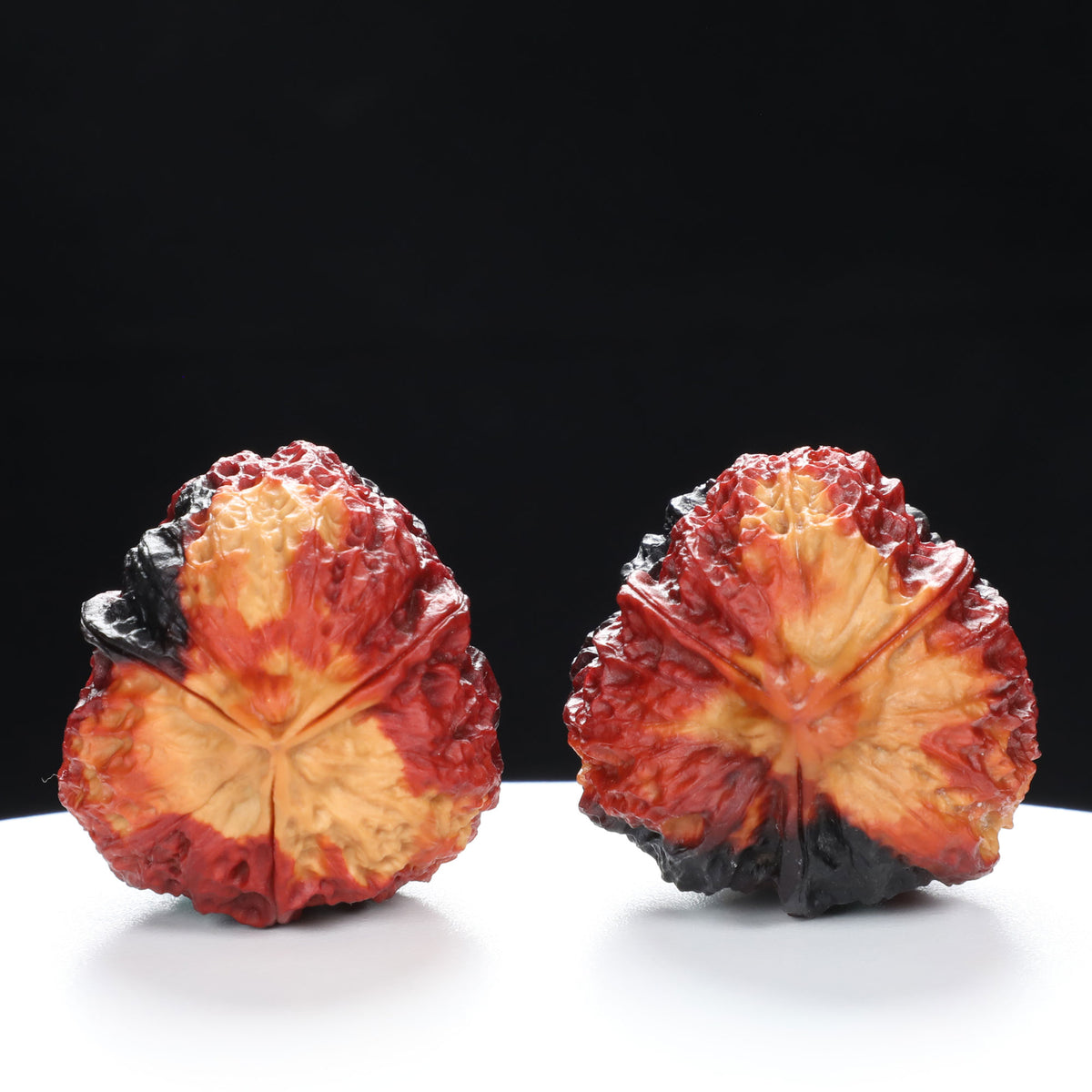 “Three-Ridged” Earth-Cured Tri-Color Coral Grain Y-Form Iron Triple-Ridge Walnuts Pair | Size:35L*35W*44H | UPI:UR-00115