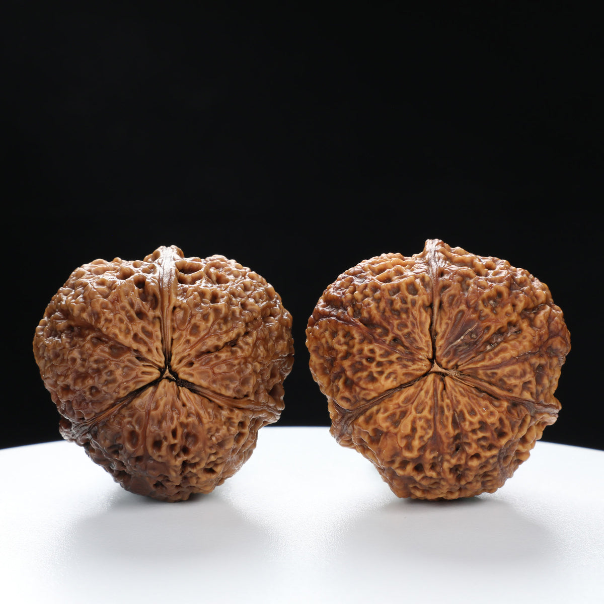 “Three-Ridged” Hand-Matched Symmetrical Three-Spoke Iron Peach Triple-Ridge Walnuts Pair | Size:39L*39W*43H | UPI:UR-00118