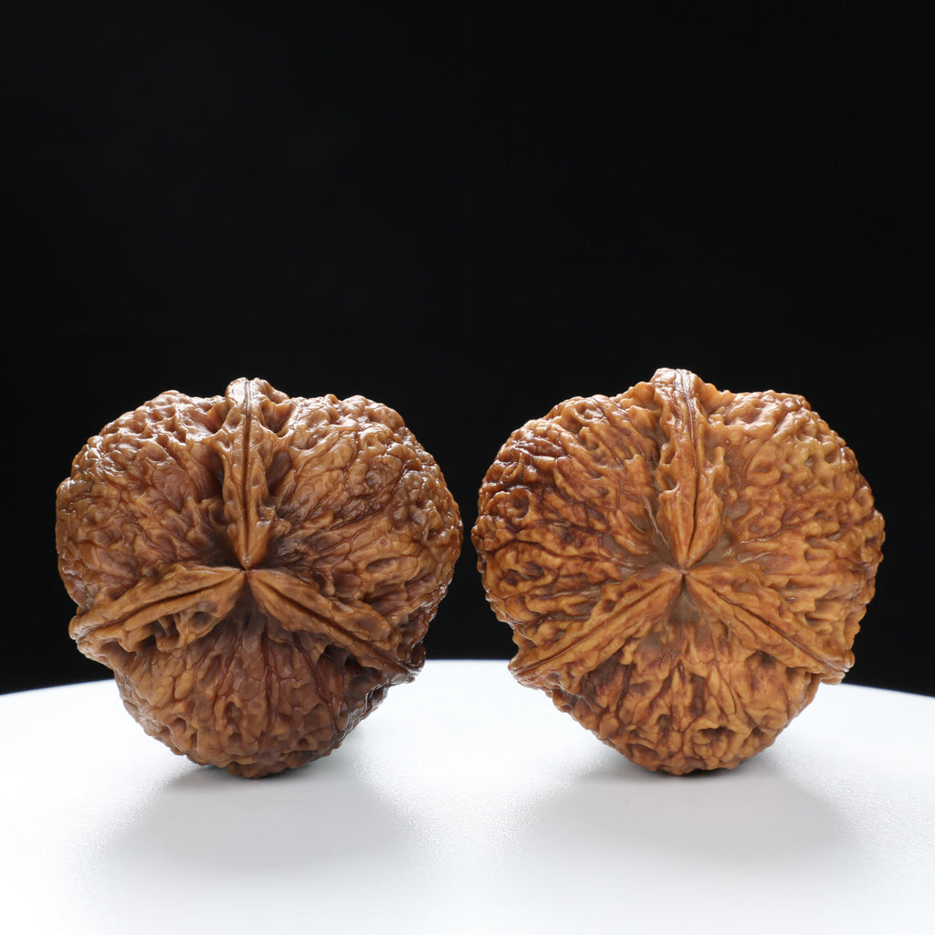“Three-Ridged” Hand-Matched Symmetrical Three-Spoke Iron Peach Triple-Ridge Walnuts Pair | Size:39L*39W*43H | UPI:UR-00118